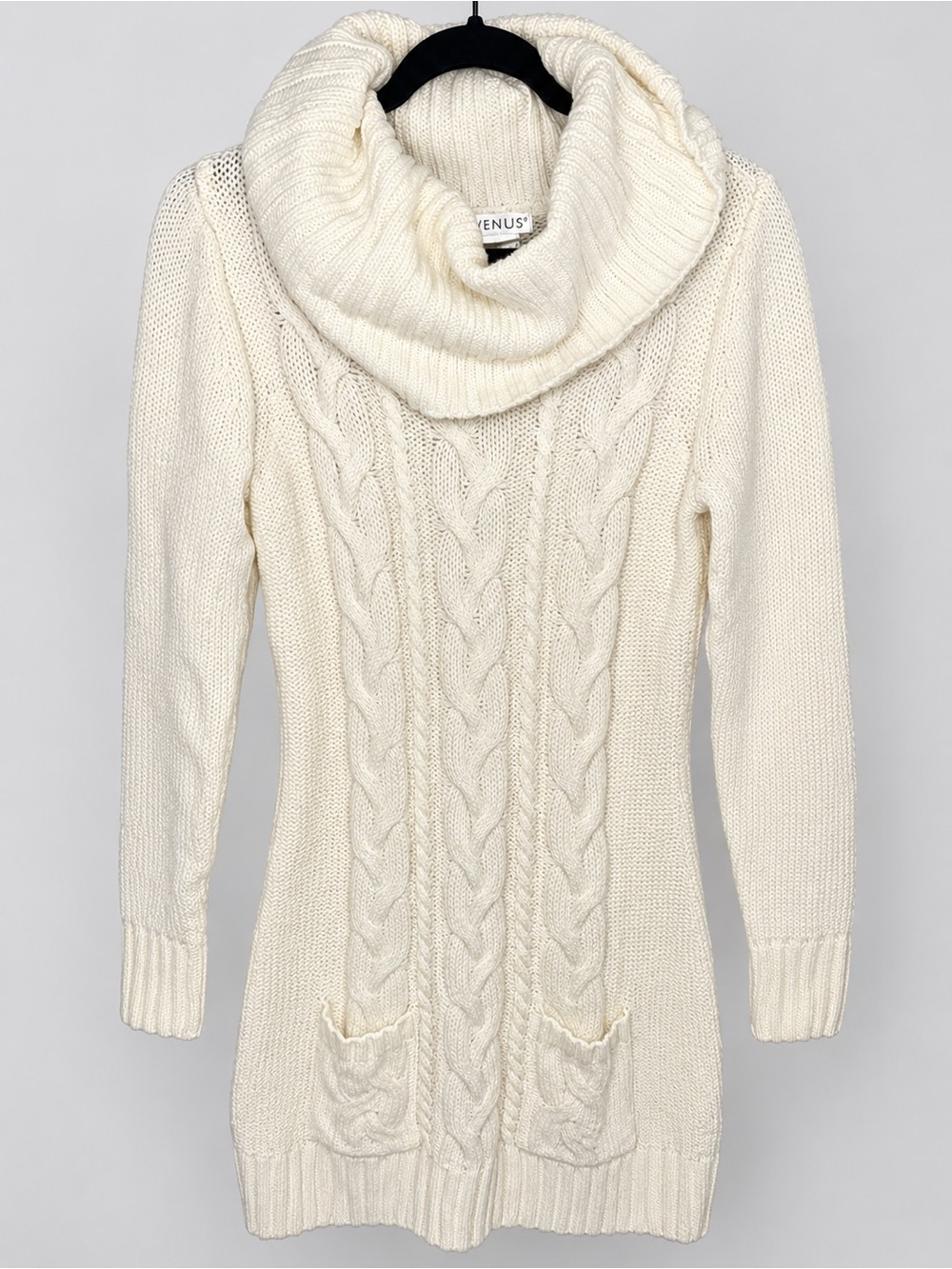 VENUS Ivory Cable Knit Cowl Neck Sweater Dress Size Medium Long Sleeve Pockets